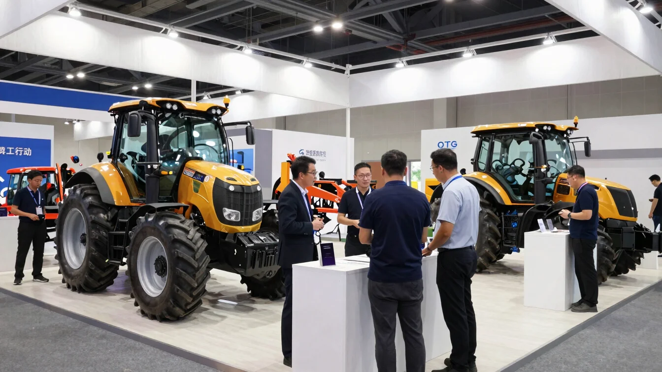 Professional engineering discussion at a trade exhibition equipme