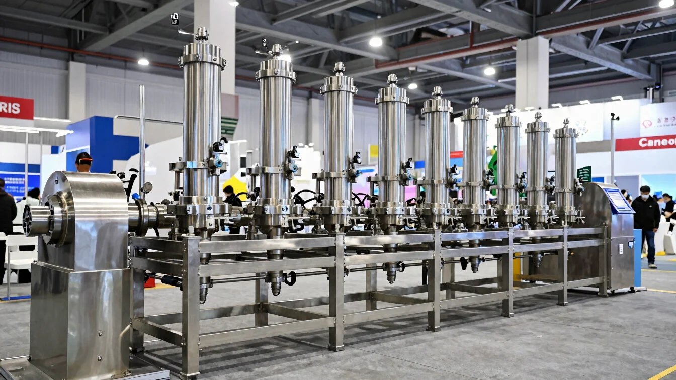 Stainless steel feed processing hardware in a modern trade exhibi